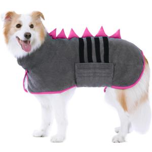 Super Absorbent Dog Bathrobe, Microfiber Bath Robe Towel for Fast Drying, Cozy Fit, Adjustable Belly Strap, Unique Dinosaur Design Dog Drying Coat for Bath, Rainy Walks & Cold Weather (XX-Large, Grey, Pink edging)