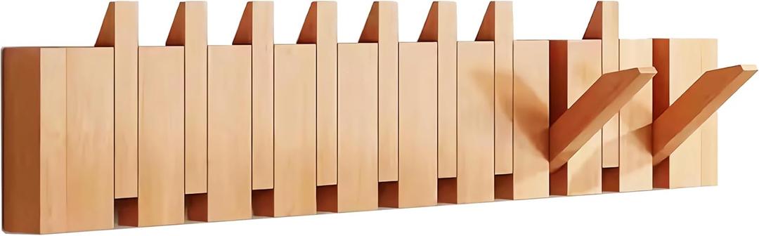Beech Paint-10 Hooks Wall Mounted Coat RackHooks Piano Key Hangers Natural Solid Wood Hanger Non-Woven Fabric Clothes Hangers for Closet, Kitchen, Bedroom, Bathroom, Entryway