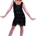 Leadtex Women's 1920s Fringed Flapper Costume with Feather Headband,Beaded Necklace (Black, L)