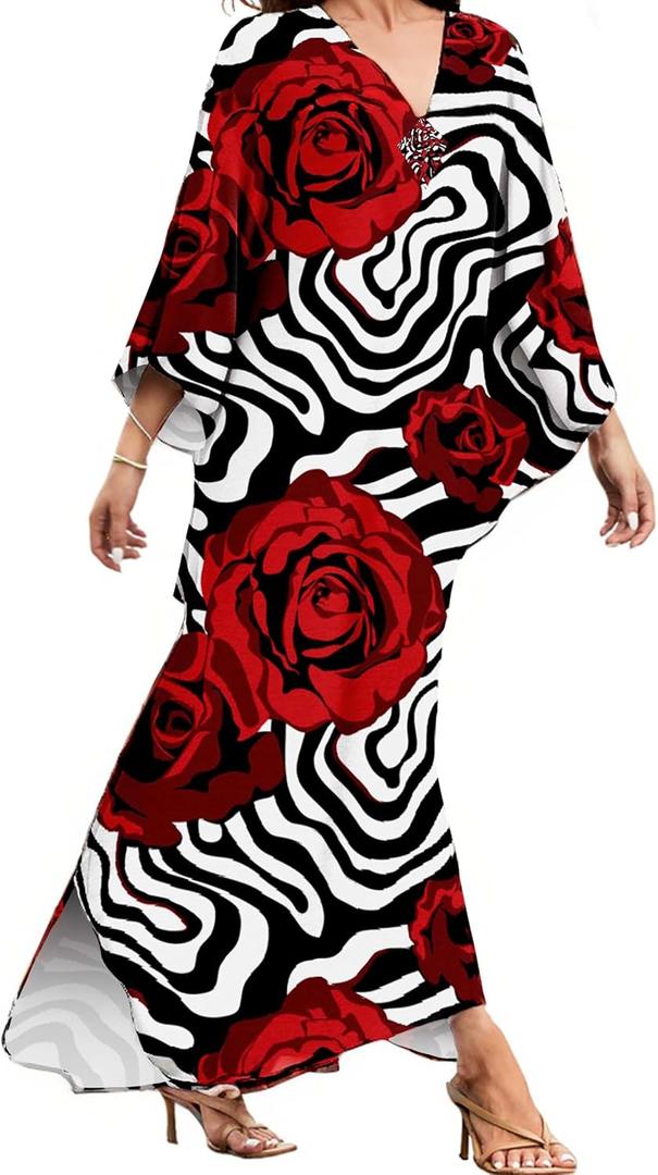 MAKABO Kaftan Dresses for Women, V Neck Moo Moos Colorful Print Cover Ups Caftan Beach Dresses for Swimwear