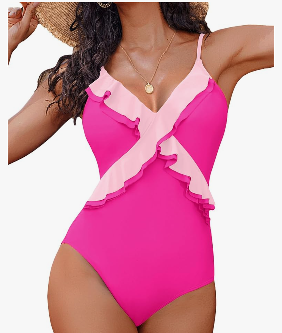 AI'MAGE One Piece Swimsuit for Women Tummy Control Ruffle Bathing Suit V Neck Push Up Swimwear XL