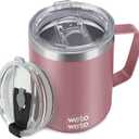 WETOWETO Coffee Mug with Handle, 14oz Insulated Stainless Steel Coffee Travel Mug, Double Wall Vacuum Reusable Coffee Cup with Lid, Powder Coated Rose Gold