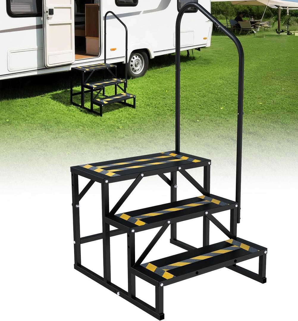 RV Steps with Handrail Heavy-Duty 3 Step Camper Entry Step Stairs for 5th Wheel RVs Outdoor Camping Travel Trailers Motorhome Mobile Home Porch Hot Tub Spa Portable Step