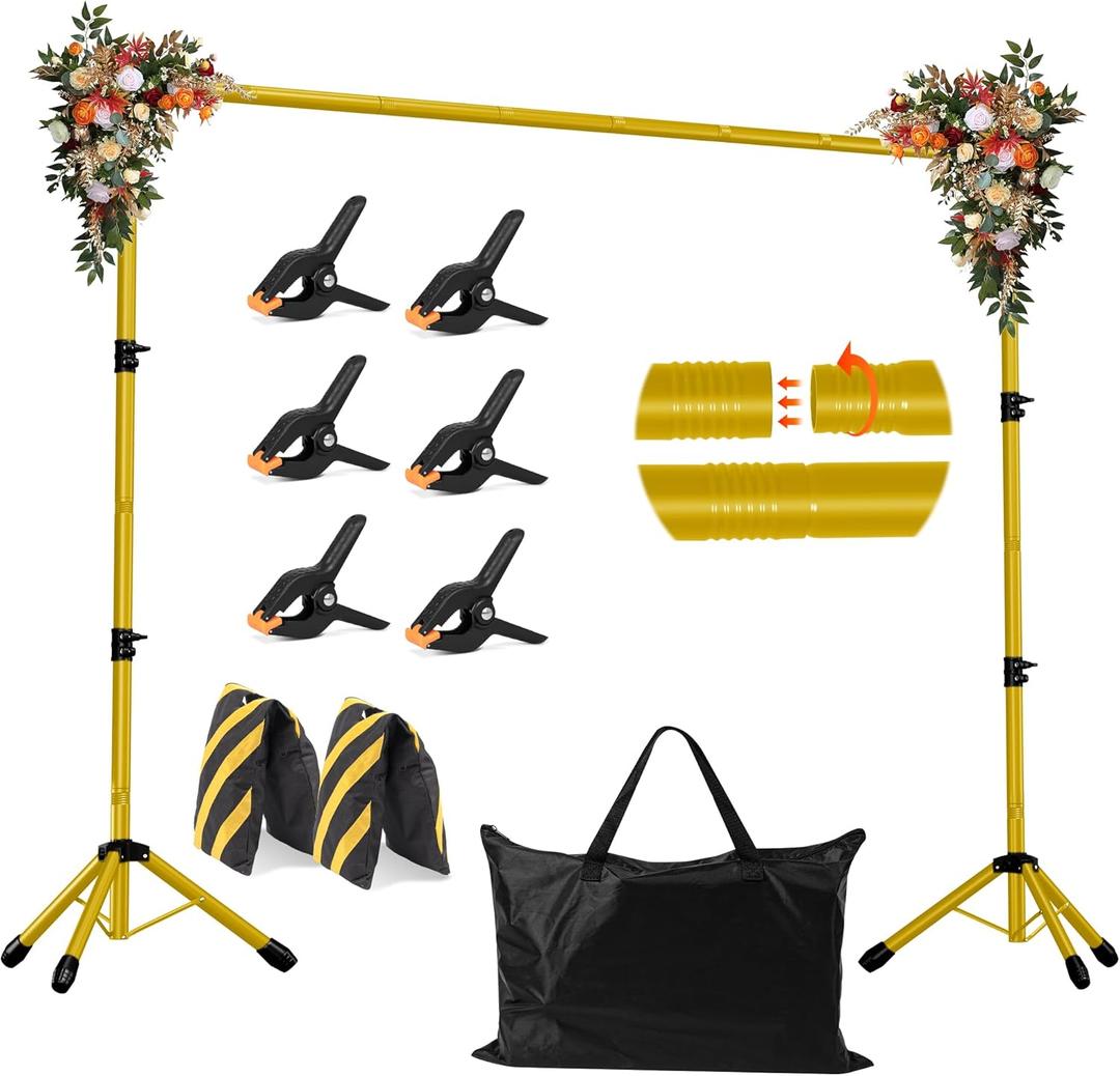 JSungo Backdrop Stand, Adjustable 10x7.5 FT Background Stand Backdrop for Parties, Photo Video Studio, Portable Photography Backdrop Stand with Carrying Bag, 6 Backdrop Clamps, and 2 Stand Bags, Gold (10x7.5ft)