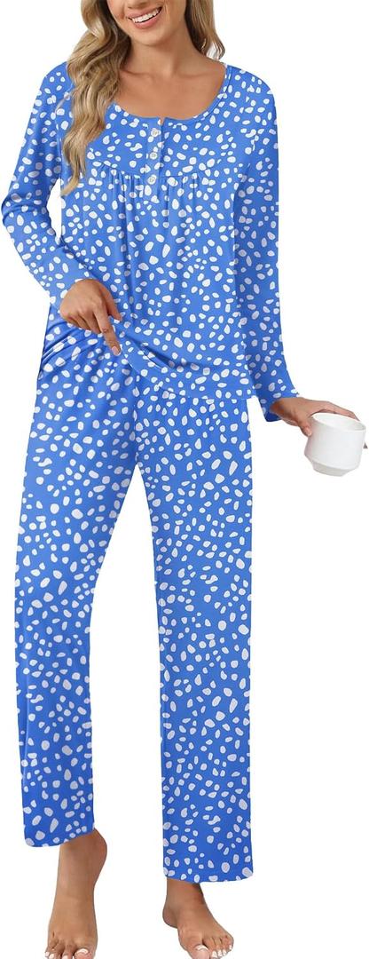 Ekouaer Pajamas for Women Set Long Sleeve Sleepwear Top & Pants Pjs Comfy 2 Piece Lounge Set with Pockets S-XXL (Blue, M)