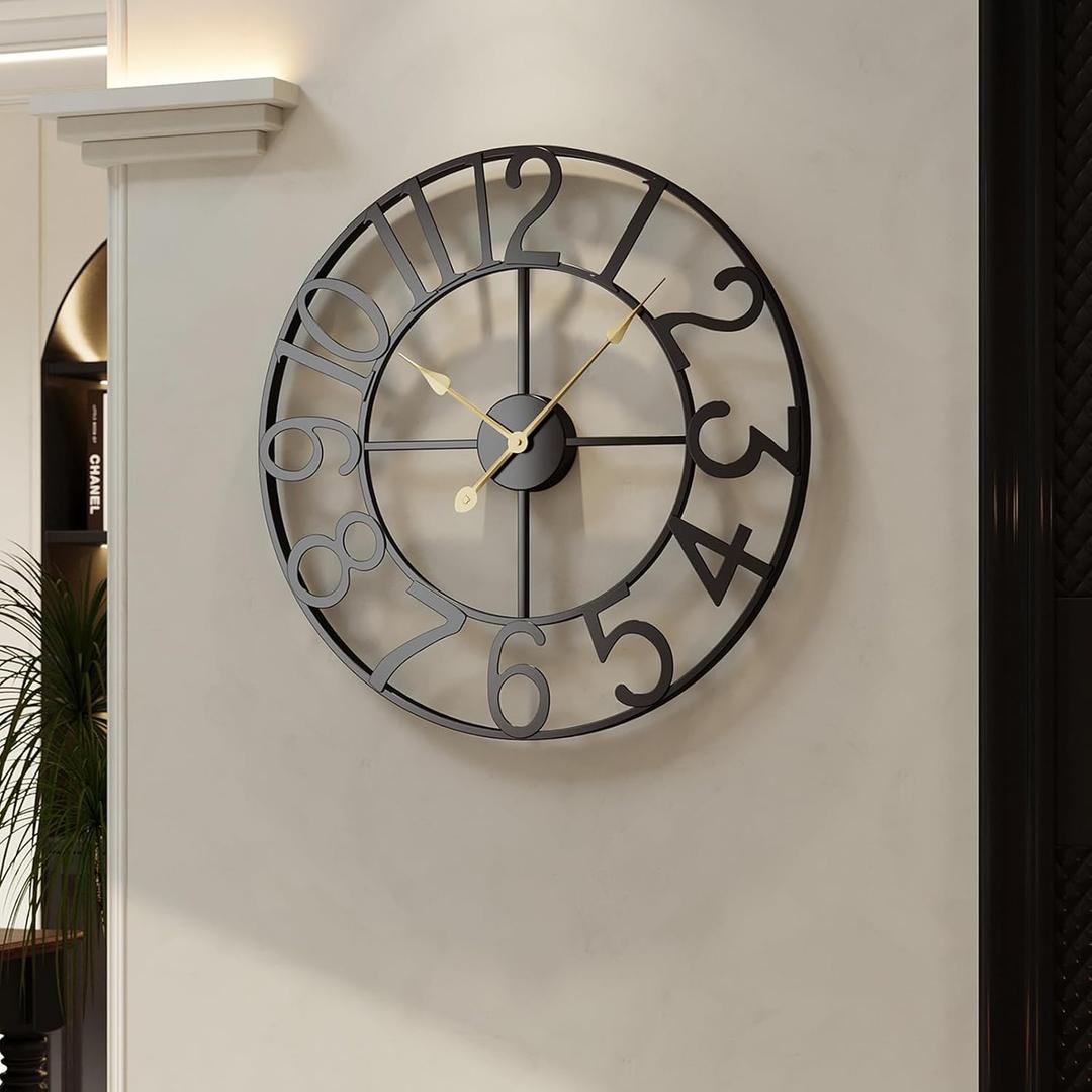 Large Wall Clock, 24 Inch Black Decorative Wall Clock for Living Room, Modern Metal Battery-Operated Arabic Numerals Round Clocks Silent Non Ticking for Kitchen Mantel Bedroom Office Large Wall Clock, 24 Inch Black Decorative Wall Clock for Living Room, Modern Metal Battery-Operated Arabic Numerals Round Clocks Silent Non Ticking for Kitchen Mantel Bedroom Office
