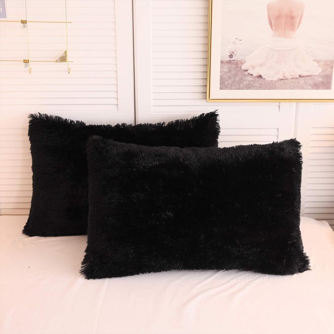 XeGe Faux Fur Throw Pillow Cases, Plush Shaggy Ultra Soft Pillow Covers, Fluffy Crystal Velvet Decorative Pillowcases, Furry Fuzzy Pillow Shams Zipper Closure, Set of 2 (King, Black)
