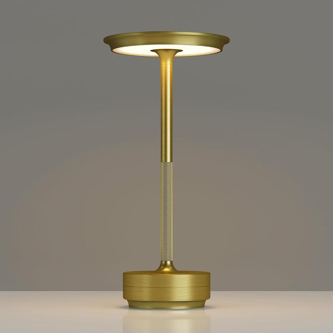 TBBGA 1 Pack Cordless Table Lamps Rechargeable, Portable 5000mAh Battery Operated Lamp, 3 Color Stepless Dimming LED Table Light with Memory Function, for Outdoor/Dinner/Patio/Restaurant.(Gold)