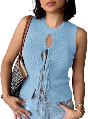 Yousify Women's Tie Front Sweater Vest Ribbed Knit Tank Tops 2025 Summer Fashion Casual Cute Bow Sleeveless Knit Vest Tops, M Yousify Women's Tie Front Sweater Vest Ribbed Knit Tank Tops 2025 Summer Fashion Casual Cute Bow Sleeveless Knit Vest Tops, M