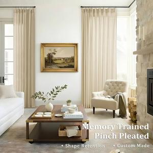 105 Inch Long Linen Pinch Pleated Light Filtering Semi Sheer Curtains for Sliding Glass Doors Custom Memory Shape Pinch Pleat Drapes with Hooks Rings Back Tab for Living Dining Room Beige Tan 1 Panel