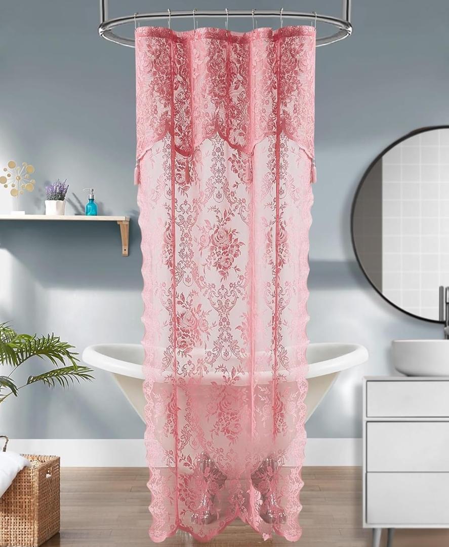 Warm Home Designs Rose Pink Stall Shower Curtain 36 x 72 Inches with Attached Valance & 4 Tassels. Luxury Lace Small Shower Curtain for The Bathroom or RV Shower Curtain. LA Rose 36"