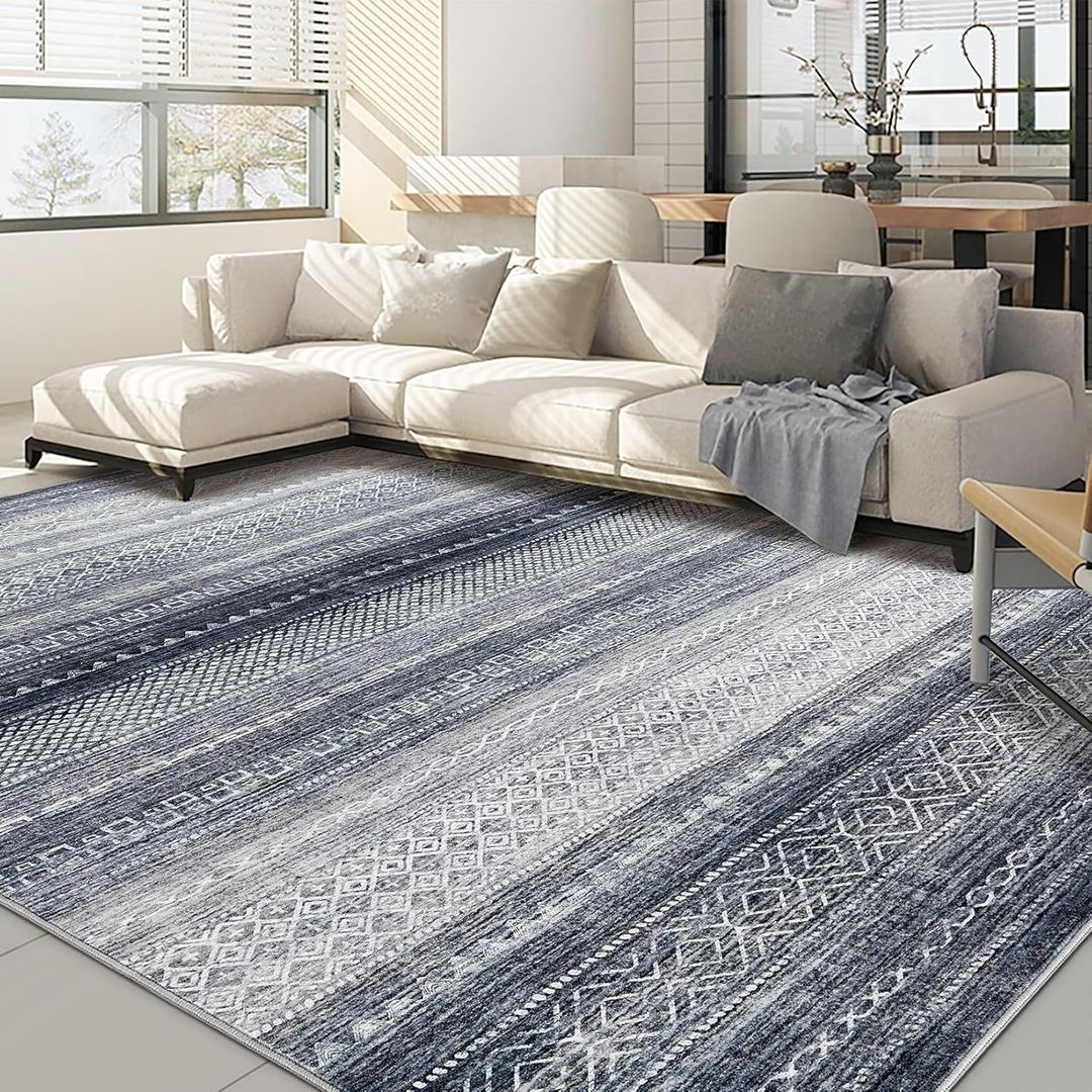 Nakagishi 8x10 Area Rugs Living Room: Washable Boho Large Neutral Soft Modern Rug Stain Resistant Moroccan Non Slip Indoor Floor Carpet for Bedroom Nursery Kids Playroom Office Dining Room- Blue