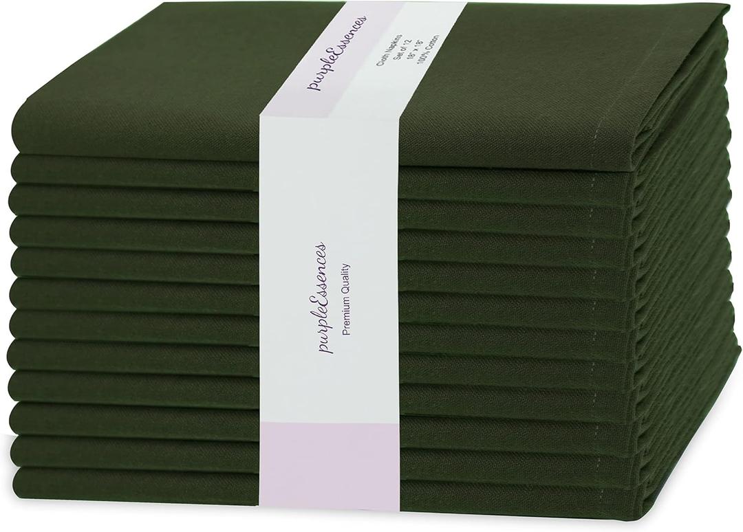 PurpleEssences Set of 12 Cloth Dinner Napkins 100% Cotton 18x18 Inch - Soft Durable Washable - Ideal for Farmhouse Party Spring Summer - Perfect Everyday Use Table Linen - Olive Green (18" x 18" (Set of 12))