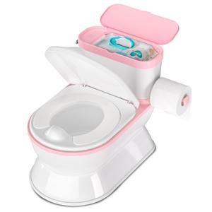 2-in-1 Toddler Potty Training Toilet - Larger Potty Chair & Detachable Training Seat for Boys & Girls Ages 1-3 with Flushing Sound, Wipes Storage, Toilet Paper Holder - Pink