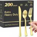 Dealusy 200 Count Heavy Duty Gold Plastic Silverware, 100 Forks, 50 Spoons, 50 Knives, BPA-Free, Heat Resistant, Disposable Plastic Utensils Set Cutlery Set, Plasticware Bulk