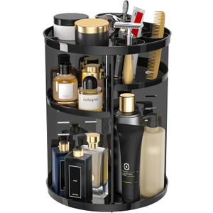 Rotating Makeup Organizer for Vanity, 360 Spinning Skincare Organizers with Adjustable Trays, Make Up Desk Storage Carousel Rack, Cosmetic Display Cases for Dresser Bathroom Countertop (Black)