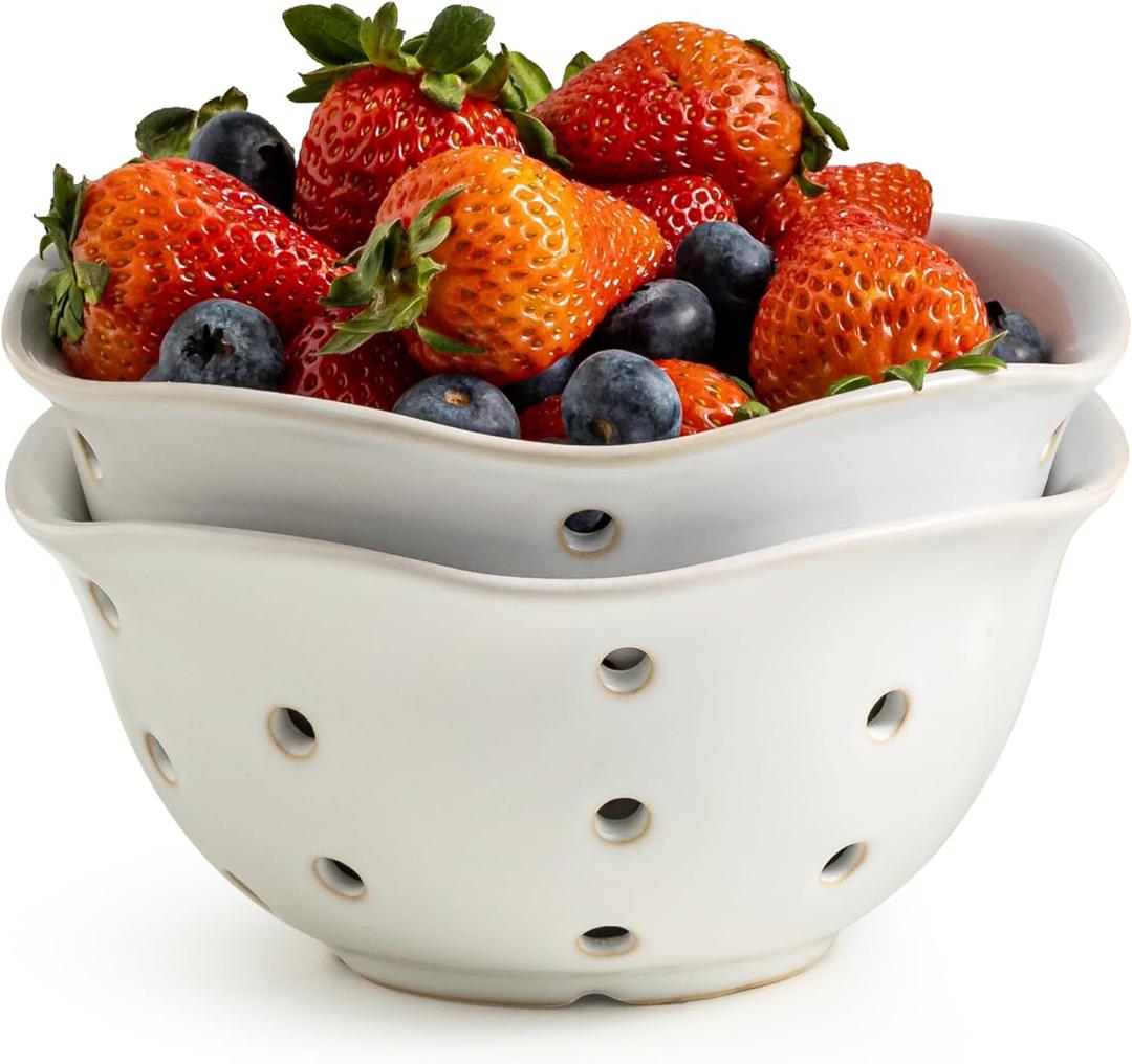 Gomakren Ceramic Berry Basket Set of 2, Elegant Fruit Basket Container 6 Inch, Fruit Bowl with Holes for Kitchen Counter, Berries, Strawberry, Grape, Cherry, Floral Shape - White