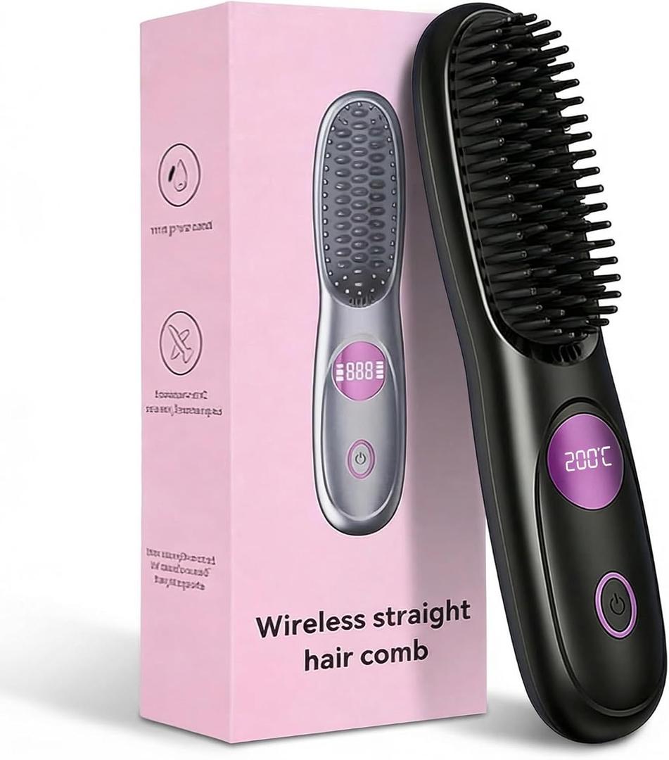 Go Brush Pro,2026 New Cordless Straight Hair Brush, Portable Scald-Proof mini Straight Hair Comb with Three Temperature Settings and LED Display Screen, Quickly Heating Travel Hair Brush (Dark Black)