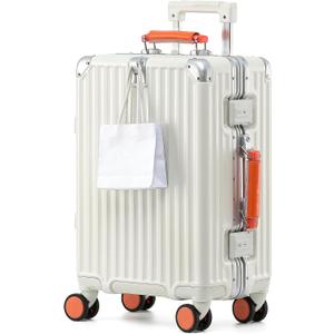 24 Inch Hardside Checked Luggage with Leather Handle, PC Zipperless Suitcase with Spinner Wheels and TSA Locks, Lightweight Checked Luggage for Travel, White