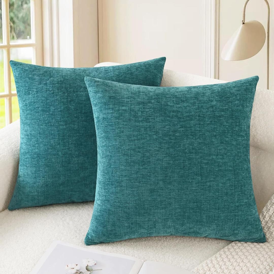 CaliTime Throw Pillow Covers Decorative 12 x 12 Inches Pack of 2 Cozy Chenille Cushion Cases for Couch Sofa Bed Living Room Home Teal  