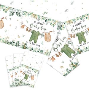 3PCS Greenery Gender Reveal Baby Shower Tablecloth, Boho Greenery A Sweet Baby Boy is On His Way Party Supplies TableCover for Gender Reveal Party, 54 x 108INCH (Green)