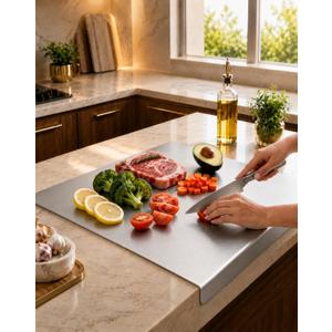 2026 New 100% Pure Titanium Cutting Board with 90° L-Shaped Counter Lip, Anti-Slip Chopping and Kneading Board for Meat, Fruit, Vegetables, Bread Dough and Baking (20"x16"), 16"L x 12"W
