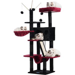Hey-brother Gothic Cat Tree, 53 inch Cat Tower for Indoor Cats, Cat House with Padded Platform Bed, Toy Balls, Large Cozy Condo, Hammocks and Sisal Scratching Posts, Black and Red MPJ019SBR