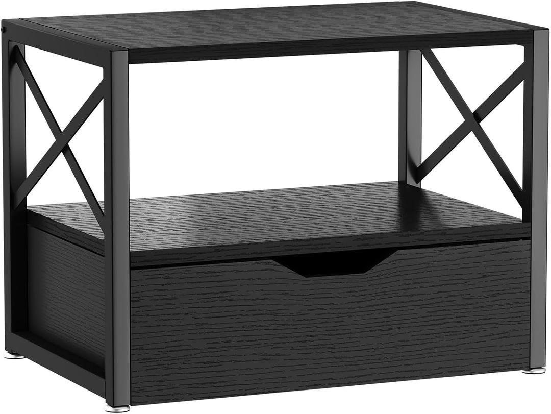 IBUYKE 2 Tier Desktop Printer Stand,Multi-Purpose Desk Organizer,Wooden Printer Stand with Drawer Storage for Folders,Books,for Fax Machine, Scanner,Home Office,Black TLJ006B