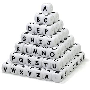 Melius 50Pcs Silicone Letter Beads 12mm A-Z (Extra for Vowel Letter) Even and Accurate Square Letters Beads for Bracelet Stethers Key Chains Necklace Lanyards (White)