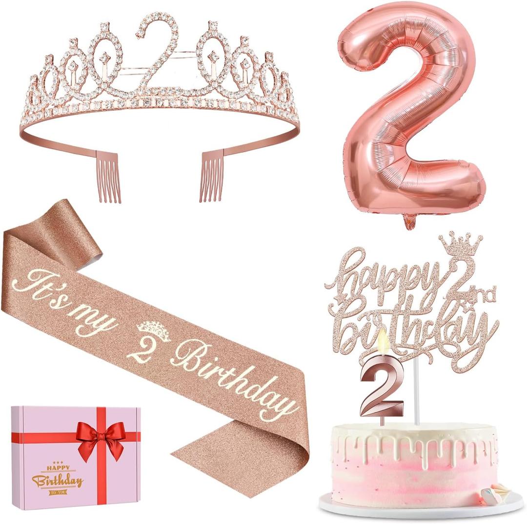 2nd Birthday Decorations for Baby Girls, Including 2nd Birthday Sash and Tiara, Cake Topper and Candle, Number Balloon, 2 Year Old Gifts for Girls