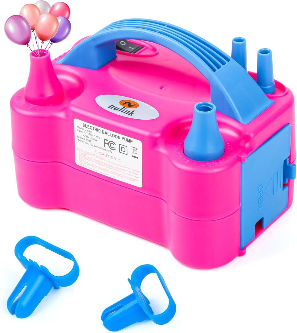 NuLink Electric Portable Dual Nozzle Balloon Blower Pump Inflation for Decoration, Party, Sport [110V~120V, 600W, Rose Red]