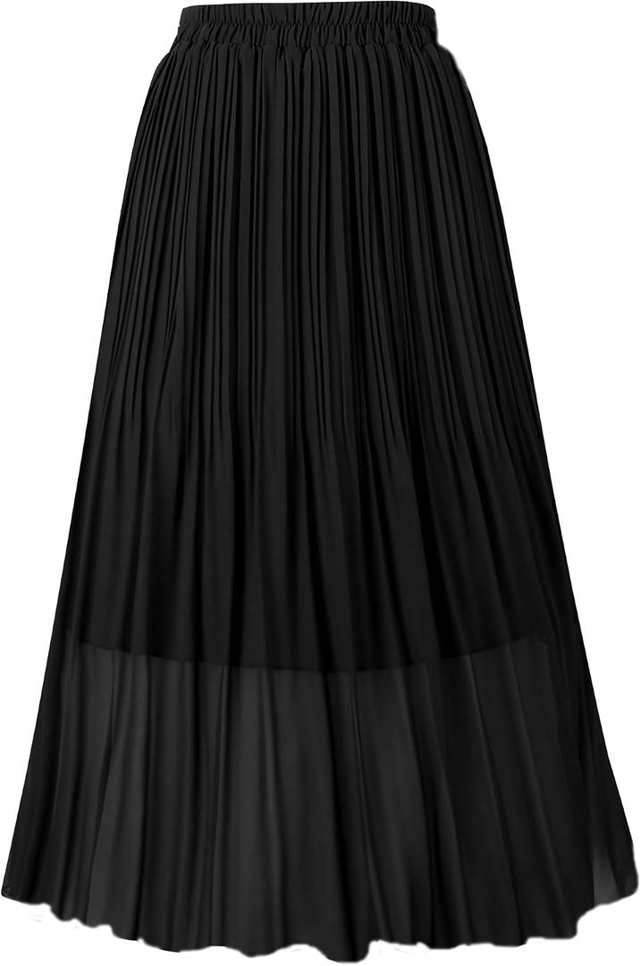OBBUE Women's Chiffon Pleated Skirt A-line Skirts | Elastic High Waist, Midi Length, Swing, Casual Clothes, Party Costumes, Holiday, Beach Vacation Outfits, Summer Spring Wear (S)