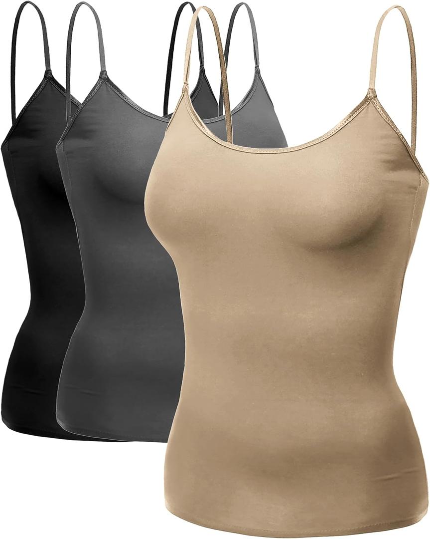 Emmalise Women's Camisole Built in Bra Wireless Fabric Support Short Cami (Medium, 3 Pk - Black, Charcoal, Khaki)