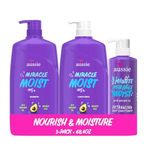 Aussie Miracle Moist Shampoo and Conditioner with 3 Minute Miracle Deep Conditioner, Avocado & Jojoba Oil, ParabenFree, Moisturizes & Detangles, All Hair Types, Citrus Floral Scent, 3 Pack 68.4 Fl Oz
