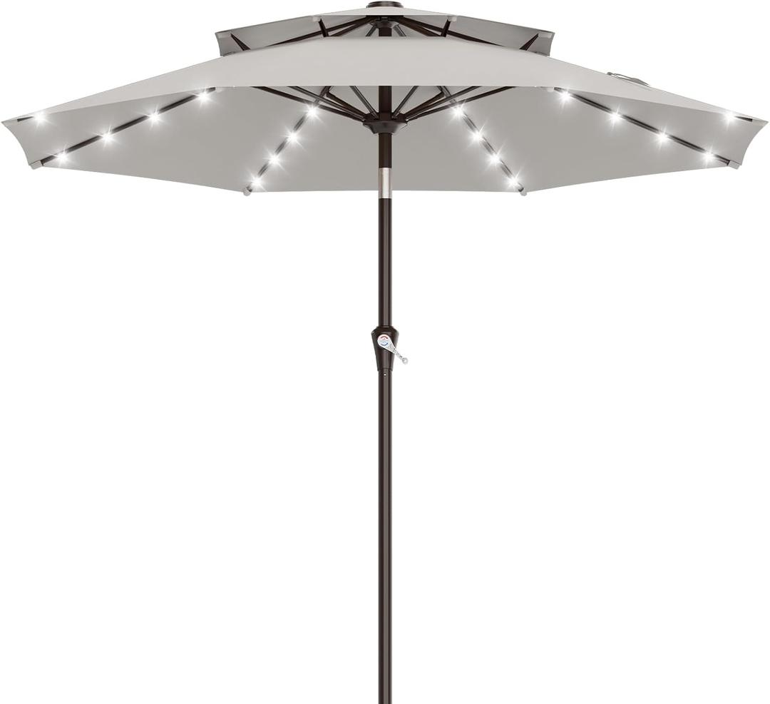 AreShark 9ft 2 Tiers Patio Umbrella with Solar Lights, Outdoor Umbrella w/ 32 LED Lights&8 Sturdy Ribs, Table Umbrella for Deck, Backyard, Pool(Light Gray)