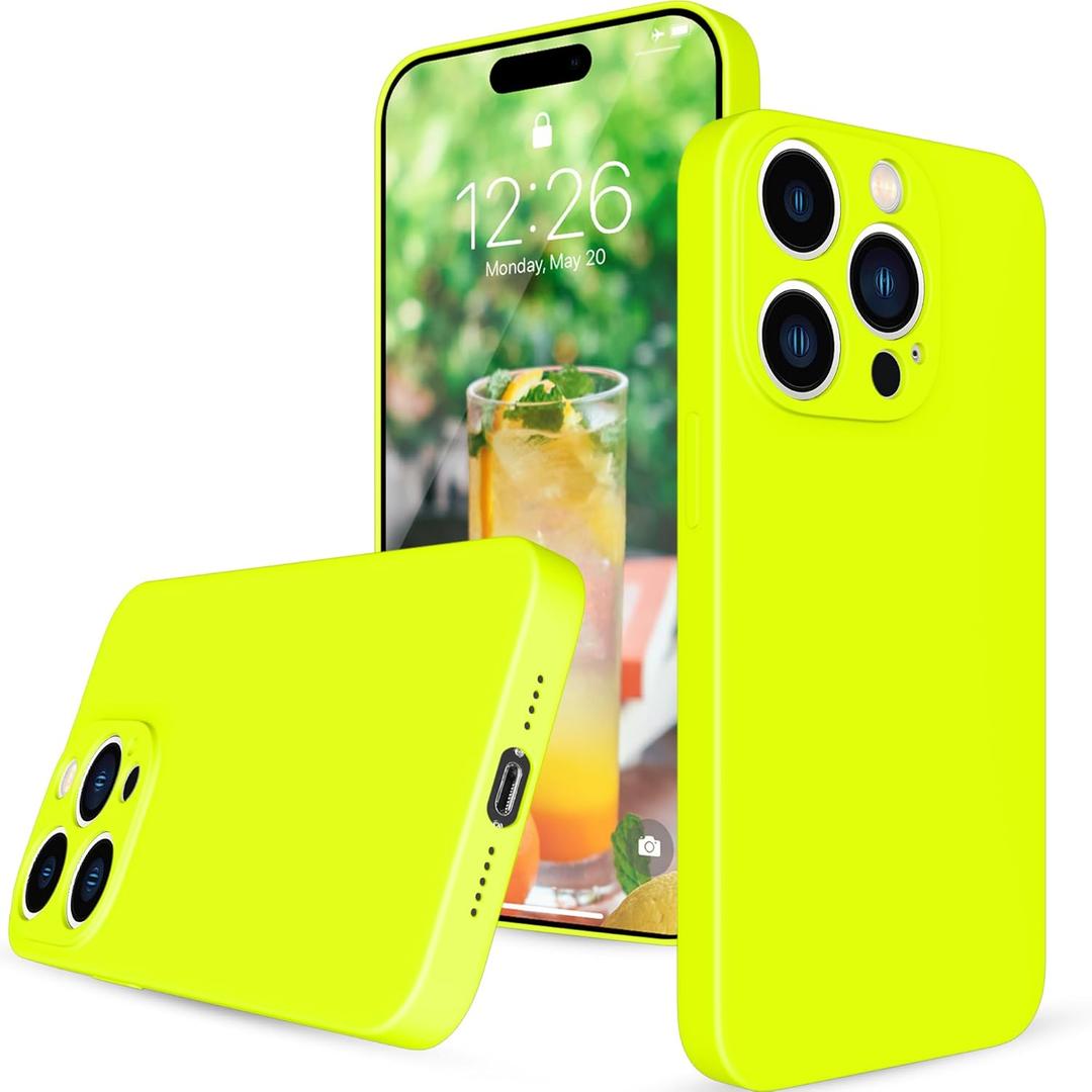 Silicone Case for iPhone 15 Pro Fluorescent Yellow, Full Body Protective Phone Cover Case with Microfiber Lining for iPhone 15 Pro 6.1 Inch (Fluorescent Yellow)