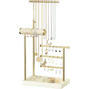 SZQINJI 5 Tier Jewelry Holder Organizer, Gold Jewelry Stand with Velvet Bracelet Holder, Adjustable Height Jewelry Display for Necklaces, Bracelets, Earrings, Rings, Gift Idea for Women, Beige