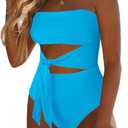 Viottiset Women's Bandeau One Piece Swimsuit Strapless Tie High Cut Out Bathing Suit (Medium, Light Blue)