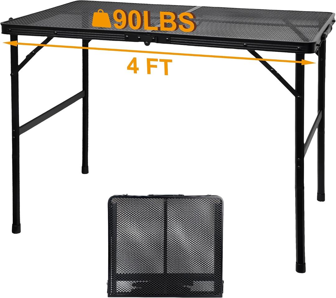 GREGIN Camping Table with Mesh Desktop, Lightweight & Portable Folding Grill Table, Height Adjustable Metal Outdoor Table for Camp, Cooking, BBQ, RV, Picnic-4 FT Black