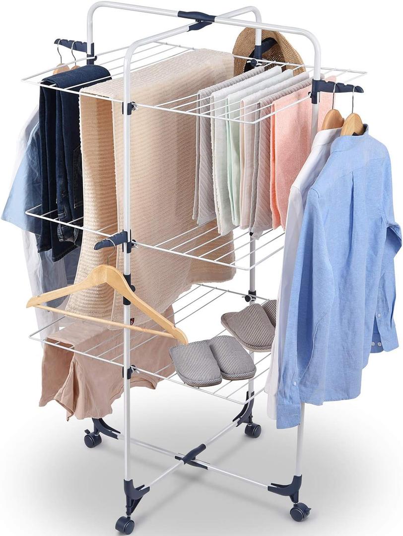 TOOLF Clothes Drying Rack, 3-Tier Collapsible Laundry Rack Stand Garment Drying Station with Wheels and 4 Hooks, Indoor-Outdoor Use, for Bed Linen, Clothing, Socks, Scarves White