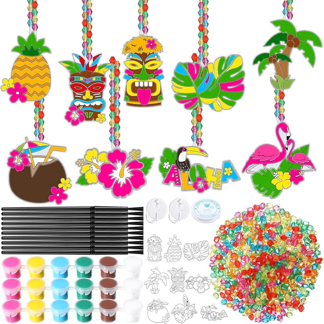 Blosssound 36 Sets Summer Suncatcher Craft Kit Hawaii Aloha Summer Window Art Suncatchers Tropical DIY Window Paint Art Kit Make Your Own Painting Ornaments for Classroom Home Craft Party Activities