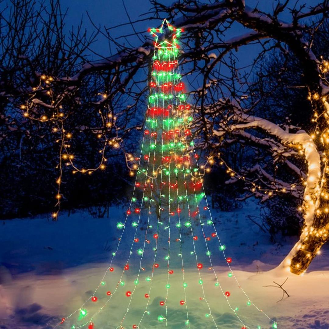 Christmas Decorations Star String Lights, 320 LEDs Outdoor Waterfall Tree Lights with 13" Topper Star, Plug in Waterproof Hanging Fairy Lights for Xmas New Year Holiday Party Yard Decor (Iron Star-Red & Green)