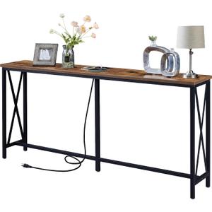 SUPERJARE 70 Inch Console Table with Outlets and USB-C Port, Extra Long Behind Couch Sofa Table with X-Shaped Design, Narrow for Entryway, Living Room, Metal Frame, Wooden Top, Rustic Brown, 11.8"D x 70.9"W x 31.5"H