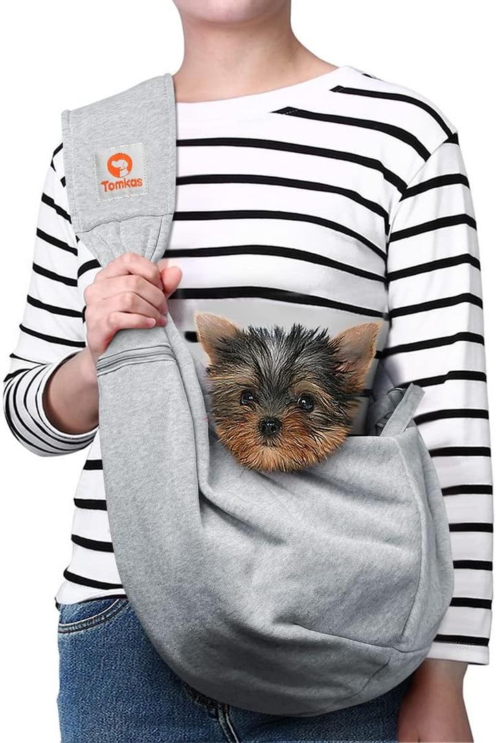 Tomkas Small Dog Cat Sling Carrier Puppy Purse Travel Wrap Soft Crossbody Pet Bag (Grey, M - Zip Pocket & Adjust Strap)