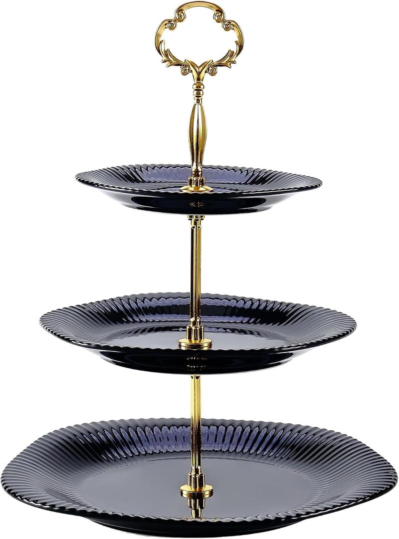 3 Tier Cupcake Stand Ceramic Cake Stand Wedding Dessert Tower, Tiered Serving Tray for Tea Party Afternoon Display Platter (Gold & Black)