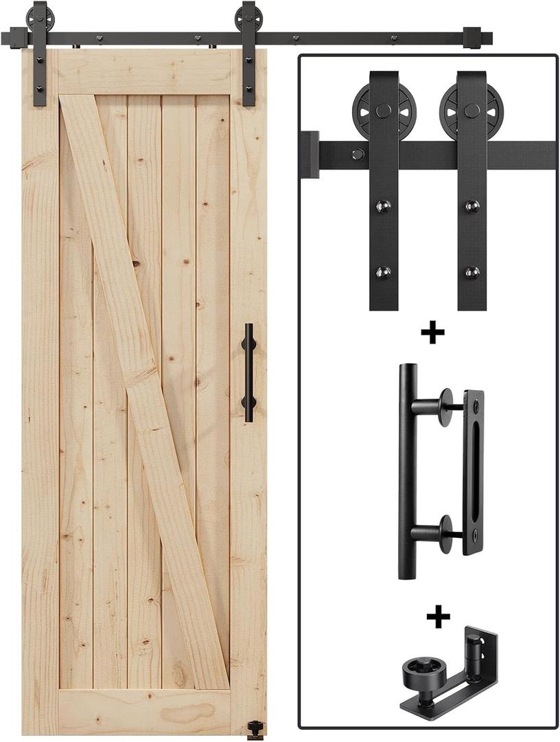 EaseLife 5.5FT Sliding Barn Door Hardware Track Kit & Handle,Big Industrial Spoke Wheel Pulley,Wall Mount,Slide Smoothly Quietly,Easy Install,Black,66" Track Fit for 29-31" Wide Opening (No Door)