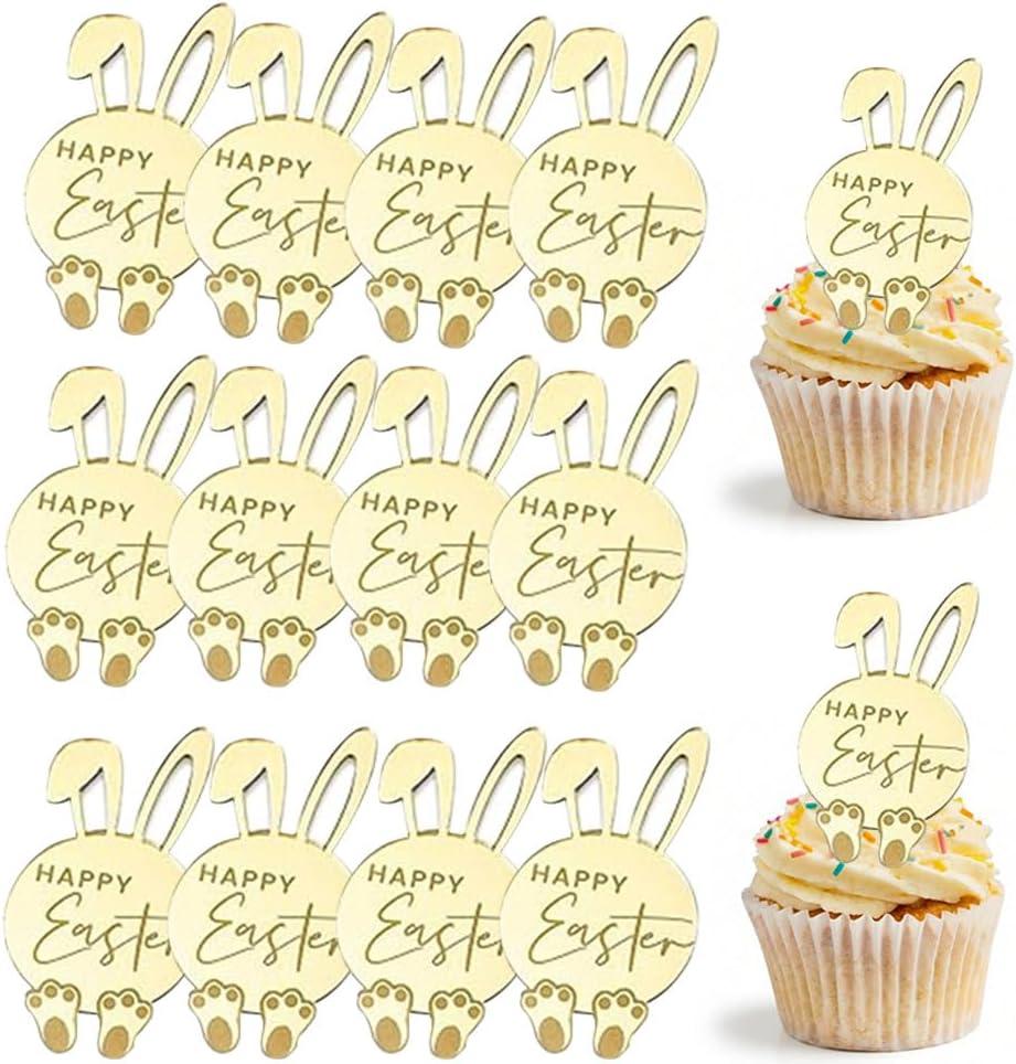 12 Pcs Happy Easter Bunny Cupcake Toppers, Acrylic Gold Rabbit Ears Mirror Disc Bunny Cake Toppers Cupcake Picks for Easter Theme Spring Party DIY Shower Party Decorations Supplies