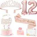 12th Birthday Decorations for Girls, Including 12 year old Cake Topper, Birthday Queen Sash with Pearl Pin, Sweet Rhinestone Tiara Crown, Number Candles and Balloons Set, Rose Gold