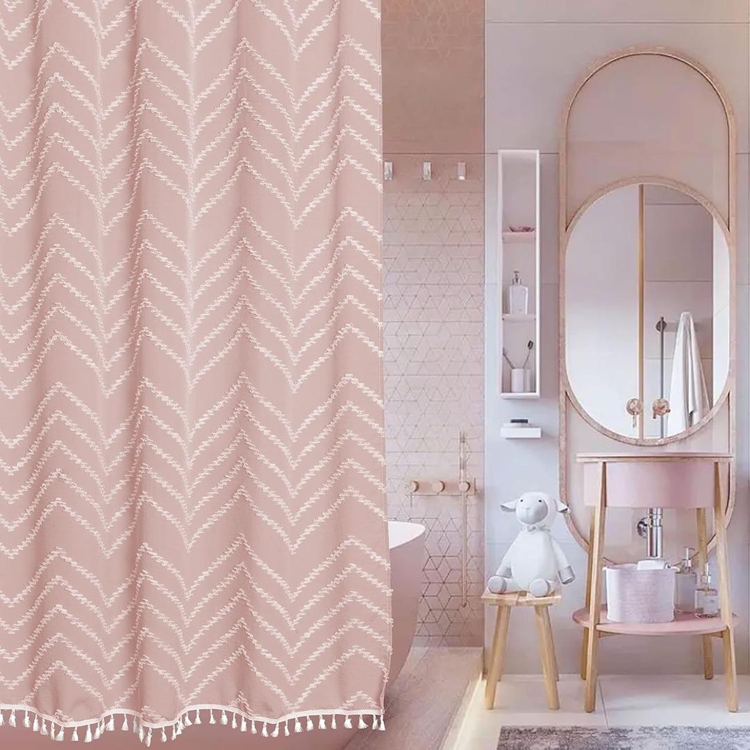 Pink Boho Shower Curtain White Tassel Woven Fabric Cute Shower Curtain Modern Farmhouse Textured Tufted Chevron Striped Minimalist 72 x 72 Bathroom Shower Curtain