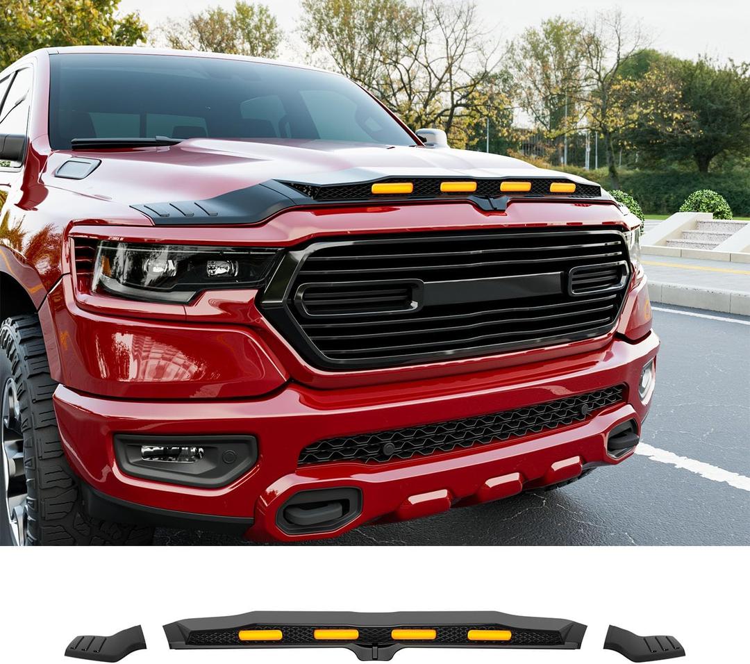 3Pcs Hood Protector with LED Light Compatible with 2019-2026 Dodge RAM 1500 Lightshield Glossy Black Hood Deflector Replacement for 2019-2026 Dodge RAM Accessories